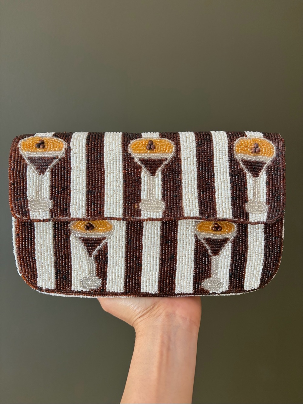 Beaded Brown & White Stripe Cocktail Clutch